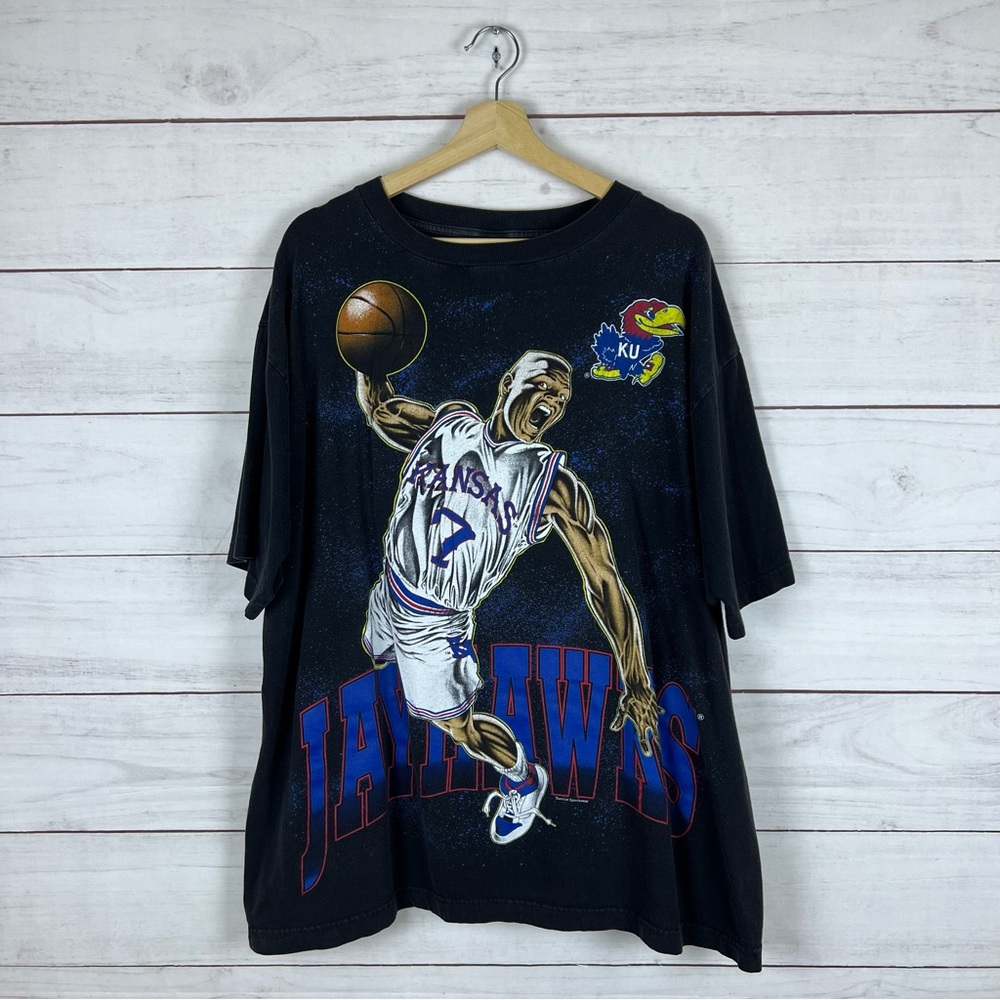 Vintage 1990s Kansas Jayhawks Basketball All Over Print T-Shirt 2XL